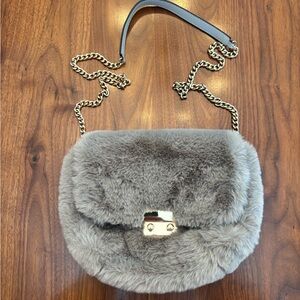 H&M Gray Faux Fur Crossbody Bag with Chain Strap